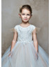 Feifei Sleeves Ivory And Cappuccino Lace Tulle Illusion Back Flower Girl Dress